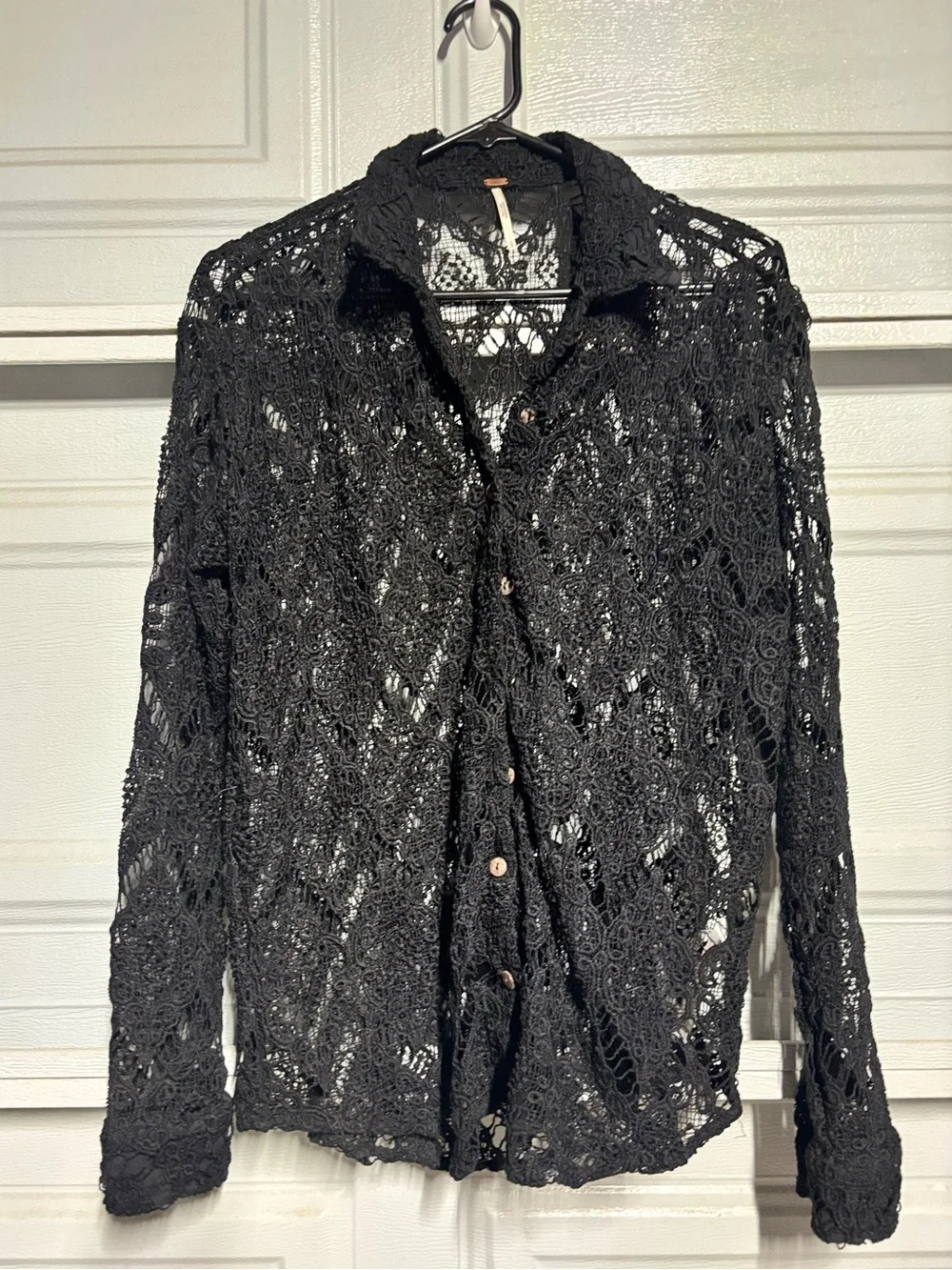 Free People Black Crochet Lace Button-Down Top